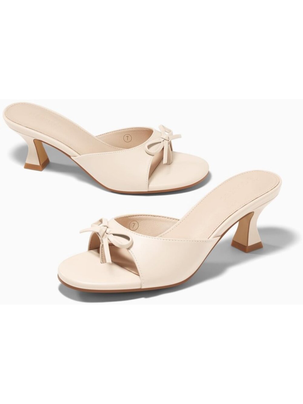 Women's Kitten Heels Sandals Bow Mules Beige Open Flops Summer Slides Shoes - Picture 5 of 6
